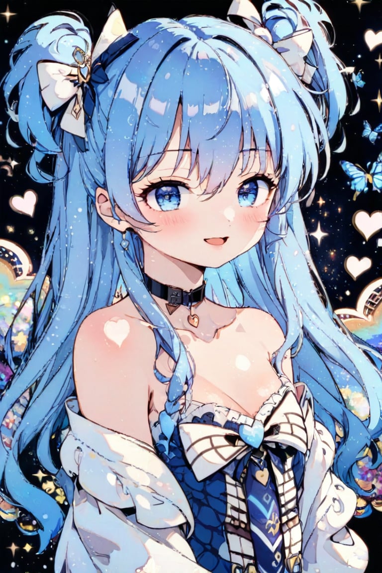 masterpiece, best quality, aesthetic, one girl, solo, long hair, looking at viewer, blush, bangs, blue eyes, dress, bow, ribbon, bare shoulders, closed mouth, blue hair, collarbone, jacket, hair ribbon, upper body, heart, frills, open clothing, sleeveless, virtual youtuber, off shoulder, open jacket, two side up, v shaped eyebrows, head tilted, sleeveless dress, blue dress, white jacket, :t, pouting,Anime style,1girl,vspop,flat style,hand drawn