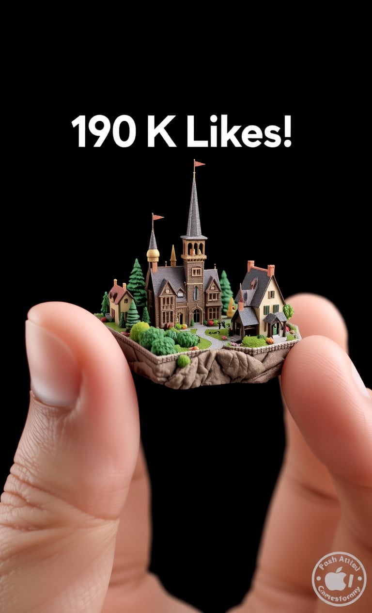 Create a hyper-realistic image of a miniature fantasy village standing on a human finger, suitable for high-end promotion. The village should be intricately detailed, with an emphasis on accuracy and realism. The style should be reminiscent of high-end architectural or product photography, with precise lighting and textures. The image should feature the logo "190K Likes! Thank you!" and contain no other imperfections. The miniature village and logo should be the main focus of the image, with the human finger acting as a subtle yet effective prop to highlight the scale and detail of the village. The overall mood of the image should be one of wonder and curiosity, inviting the viewer to explore the intricate details of the miniature world.