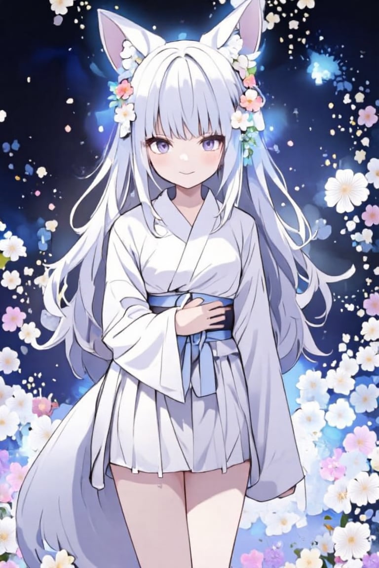 Masterpiece, great image, 8K, simple background, Japanese pattern background, one girl, solo, (the girl herself is luminous)
, (bioluminescent), (glowing), looking at the viewer,smile, bangs, skirt, hair accessory, long sleeves, ribbon, hug, animal ears, hair between the eyes, purple eyes, tail, flowers, white hair, kimono, hair flower, wide sleeves, kimono, animal ear fluff, flower petals, fox ears, fox tail, white flower, fox girl, hakama, hakama skirt, pink flower, white kimono, holding a flower, --ar 3:4,--niji6,acryli painting