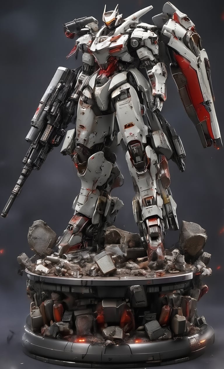 A masterpiece, a plastic model, a robot figurine stands majestically on a pedestal strewn with large and small debris, equipped with a large Gatling gun and a shield. The robot is painted in a white and red color scheme to show damage. The magnificent textures of the stunning 3D rendering are enhanced by some metallic textures. The blurred background and soft lighting make the subject stand out even more.,resin,real robot