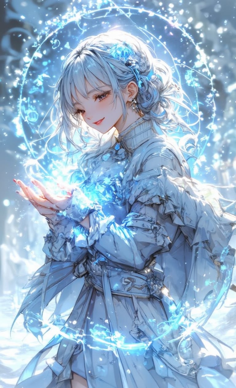 A smiling girl has white snow-like hair and wears an ice crystal hair ornament. She wears a blue frilly coat and emits snow magic from her hands. The background has simple winter colors, and inside the circle is a beautiful double exposure of a snowy landscape. The camera is angled from the side to emphasize her figure in the falling snow, adding light effects and a sparkling snow effect all around her. .,fantasy girl,cool_Anime