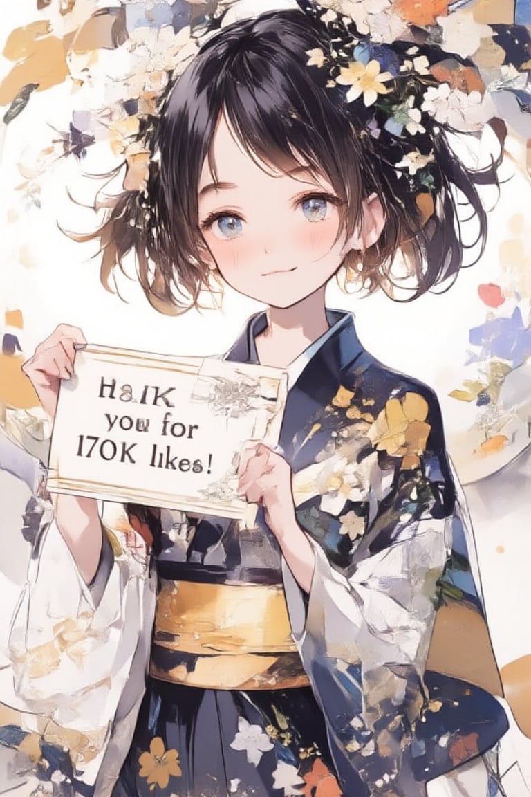 A very cute girl is holding a sign, and the sign says in English text "Thank you for 170K likes!". Text, illustration, details, realistic, kimono, floral kimono, obi, cowboy shot, Japanese pattern background, UHD, beautiful detailed eyes, beautiful details, warm smile.,acryli painting