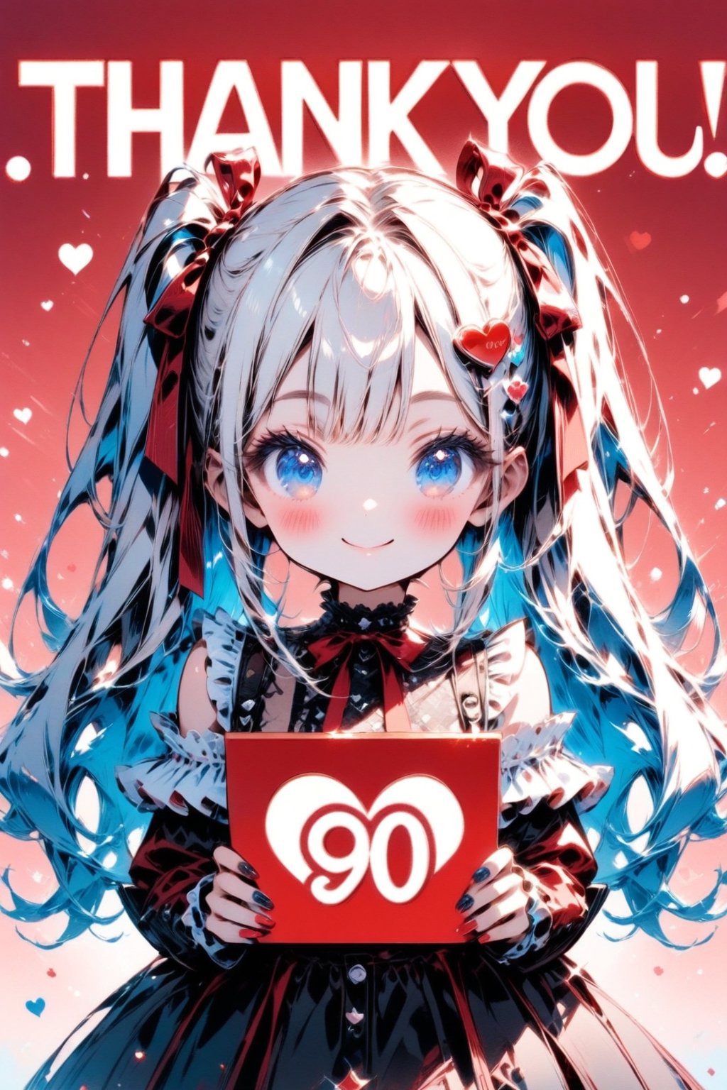 Pop art style, score_6_up,One woman,Solo,Long hair,Looking at the viewer,Simple background,Big heart \(symbol\),Blushing,Long hair,Pigtails,Ribbon. Bow,Smiling,Fringe,Blue eyes,Hair accessory,Holding in hand,Hands open,Upper body,Multicolored hair,Dress,Ruffles,Off-shoulder dress,Nails,Eyelashes,Manicure,Signboard,Gothic fashion,((Holding a board that says "Thank you for 90K likes"))),Text,Deformed