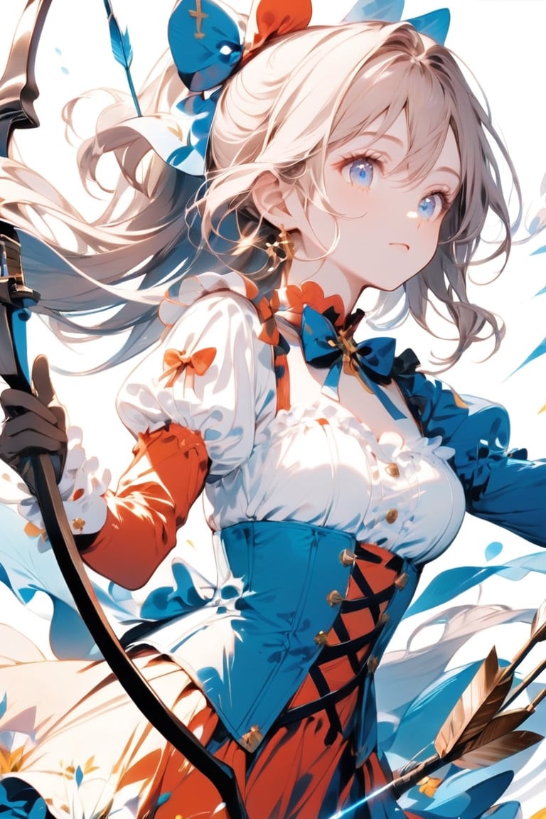 Masterpiece, 1 girl, solo, long hair, chest, bangs, blue eyes, simple background, gloves, long sleeves, white background, dress, bow, holding, medium breasts, mouth closed, ponytail, weapon, hair bow, black gloves, puffy sleeves , holds a weapon, blue bow, red dress, outstretched arm, corset, bow (weapon), arrow (projectile), magic, cross-lace clothing, holds a bow (weapon), quiver, hold arrow, draw bow