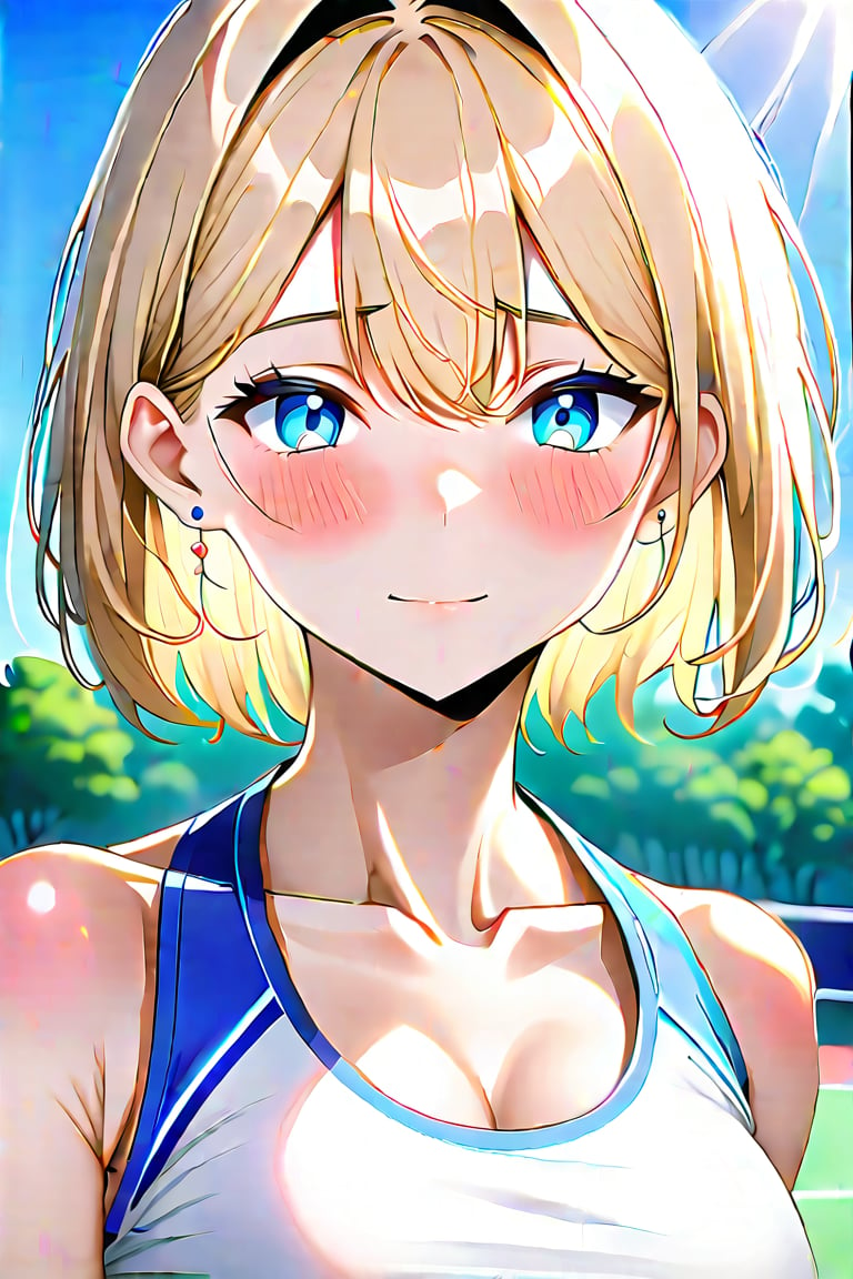 masterpiece, best quality, ultra-detailed, perfect anatomy, High detailed, detailed background, beautiful face, Claudia, nanasemei, nonomiyatsugumi, flat chest, extremely pretty face, beautiful face, ultra-detaild face, cute face, shiny blonde hairs, short hair, ultra-detailed eyes, round eyes, attractive eyes, deep blue eyes, beautiful eyebrow, (eyelashes:0.4), Bishojo, beautiful nose, parted_lips, Serious expression, blush,parted lips, During a tennis match, sport cap, holding, outdoor, sunny, dynamic angle, Three-quarter shot, dynamic pose, ,perfect fingers, score_9, score_8_up, score_7_up,anime style