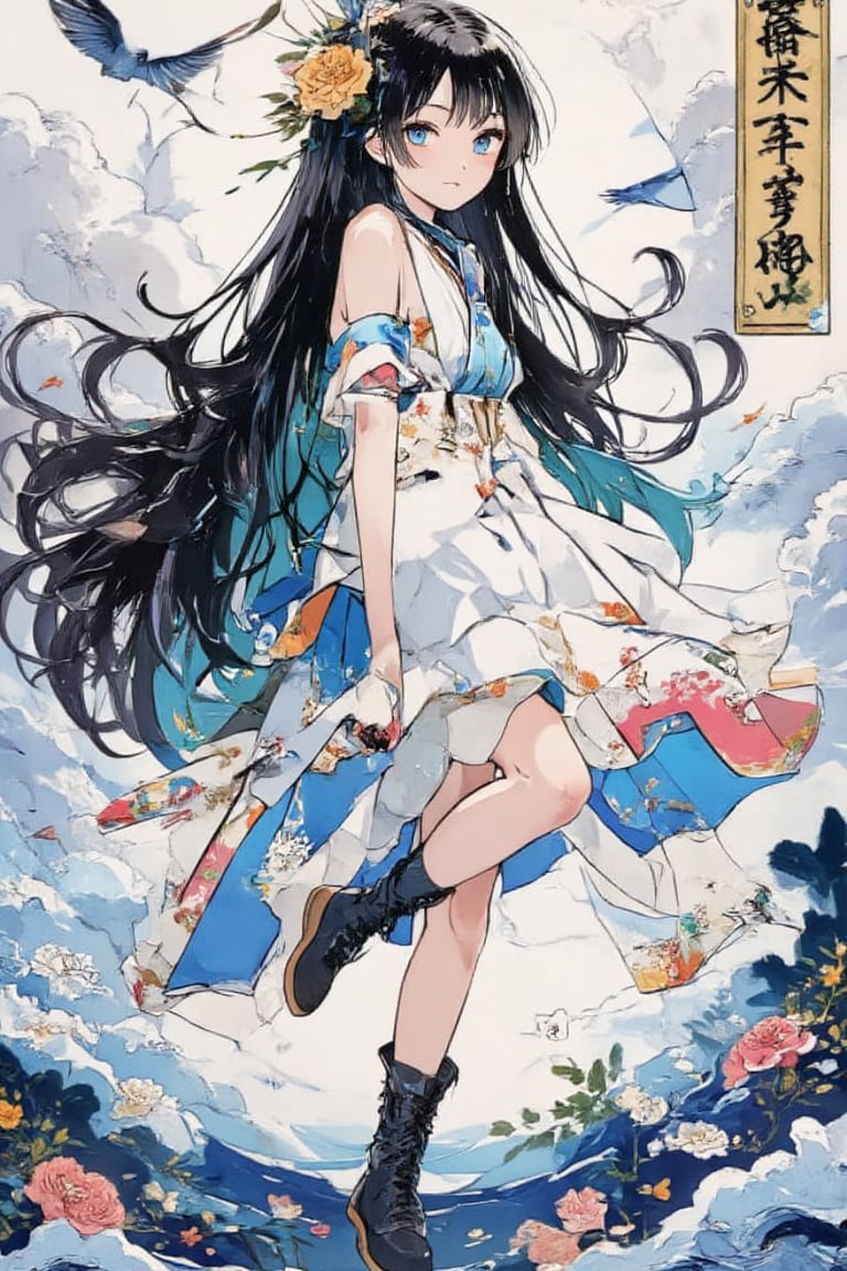 Masterpiece, Best Quality, 8K,1 girl, Ukiyo-e style, solo, long hair, looking at viewer, bangs, (((smile: 1.4))), black hair, hair accessory, long sleeves, dress, sitting, floating, y sideways, one leg up, very long hair, blue eyes, sky, socks, short boots, clouds, hair flower, wide sleeves, water, off-shoulder dress, frills, dress, bird, sea, wavy hair, moon, full moon, waves,acryli painting,Anime style,Made of adrr-zllj,ukiyoe,colorful,b&w,scene,amaterasu