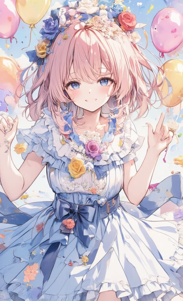 A girl wearing a frilly blue dress is smiling and waving. Her hairstyle is short bob and her hair color is pastel pink. Represented in a clipping art style, the camera is angled from the front. Colorful balloons float in the background, the lens effects reflect light, and bright lighting gently illuminates her face.,acryli painting,colored pencil drawing,Anime style