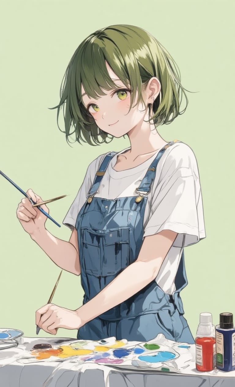 A smiling girl is painting against a simple pale green canvas. She has short-cut olive green hair, wears casual overalls and a white T-shirt, and happily holds a brush. With colorful paints lined up in her hands, she creates wonderful works that will make you smile. The camera is angled from the side to capture her concentrated expression. The background is simple and highlights her passion for art. ,Anime style,acryli painting