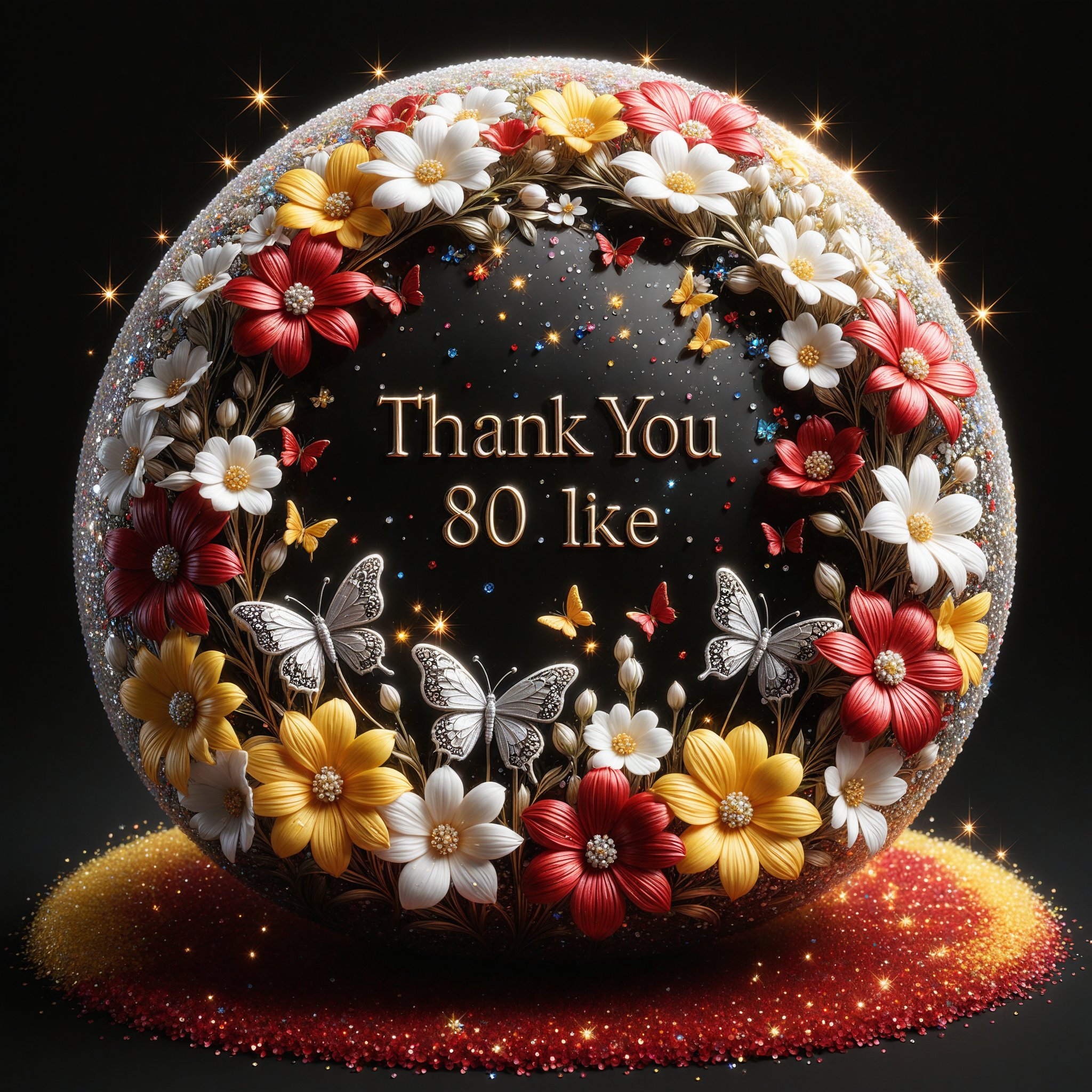 (Top quality, 8K, high resolution, masterpiece), ultra detailed, simple background, flowers, crystal sphere, black background, (text "Thank you for 80K likes~ "): 1.6), gypsophila, stars, butterflies, red, yellow, white flowers, colorful gypsophila,glitter,shiny