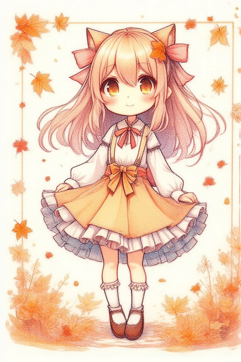 A delicate autumnal scene unfolds: a kawaii girl, her hair a warm honey hue, stands amidst rustling leaves, their amber tones glistening with dew. Soft, feathery light casts a gentle glow, highlighting the subject's porcelain complexion and rosy cheeks. The composition is framed by a subtle, textured border, reminiscent of watercolor brushstrokes. Against a pure white background, the artwork radiates an aura of serenity, as if suspended in a moment of tranquility,colored pencils