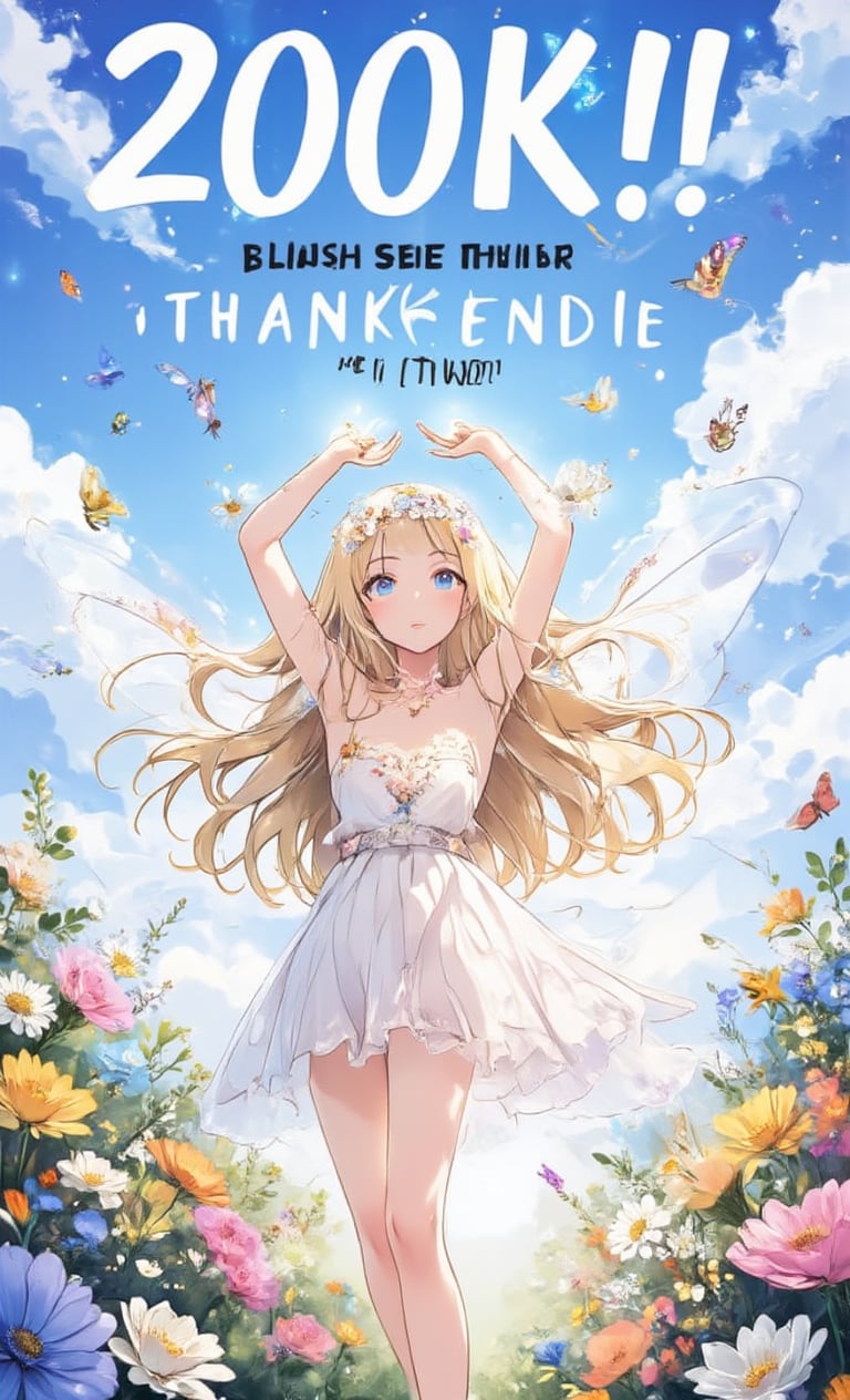 A blonde-haired, blue-eyed fairy is dancing in a fantastical garden filled with beautiful flowers. With transparent wings, she flies lightly among the colorful flowers. Shiny butterflies and small birds gather around the fairy, creating a joyful atmosphere. A blue sky and soft clouds spread out in the background, and the sunlight illuminates the flowers. Written in large, cute font in the center of the screen are the words "200K!! Thank you for likes!" ,acryli painting,Anime style