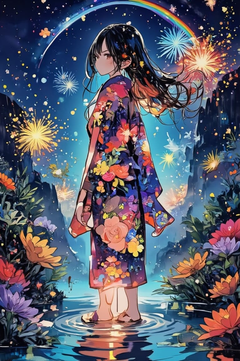 Microphotography, Anime girl made of glass in kimono silhouette, vibrant rainbow river, fireworks in night sky, colorful coral reefs, detailed illustration, Ukiyo-e style --ar 3:4 --style raw --stylize 600 --niji 6,acryli painting