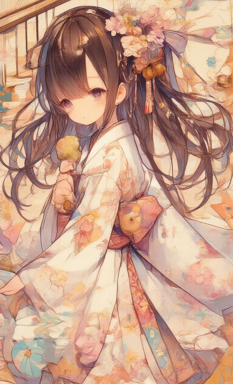 long hair, looking at viewer, blushing, bangs, multiple girls, brown hair, black hair, hair accessory, long sleeves, grabbing, (2 girls: 1.3), (back to back: 1.2), purple eyes, ahoge, side locks, food, Japanese clothing, looking back, kimono, obi, floral pattern, holding food, cotton candy, yukata, white kimono, stairs, railing,oil painting,acryli painting,Anime style,Made of adrr-zllj,colored pencil drawing