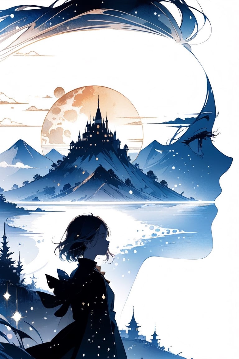 Silhouette of a girl filled with scenery from a world full of magic, fantastic scenery from another world, close-up, double exposure, white background, magic 