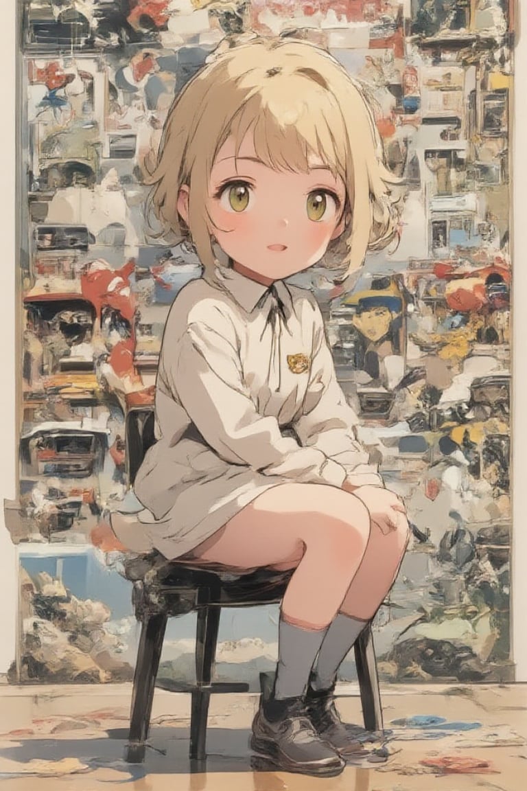  a cute manga-style deformed monochrome chibi girl with platinum blonde hair and green eyes,full body portrait,she is sitting on chair with cute smile,Ideological propaganda posters, retro collages,innovative color scheme,2D flat color,insanely-detailed retro collages background,acryli painting,Chibi-chan