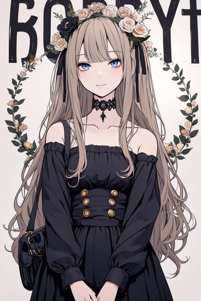 masterpiece, stunning image, 8K, one girl, solo, long hair, smiling, looking at viewer, bangs, blue eyes, hair accessory, long sleeves, off-shoulder dress, ribbon, holding, jewelry, light brown hair, braids, flower, hair ribbon, hair flower, bag, black dress, English text, cross, lolita fashion, gothic lolita,acryli painting