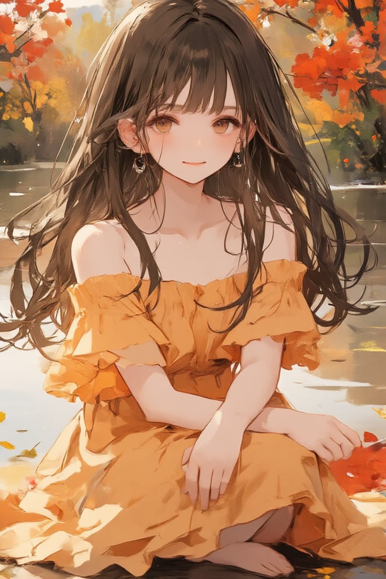 Masterpiece, oil painting style, HD, high resolution, 8k, A cute smiling girl, with long dark brown hair, brown eyes, perfect body, wearing a frilly off-shoulder dress, is sitting alone by the river. Autumn flowers are blooming all around her, and she is enjoying the atmosphere of early autumn evening.,dal style,Made of adrr-zllj,Anime style,dal