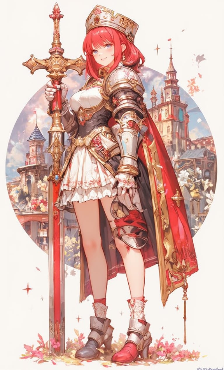 A cute smiling girl is rocking a bright red bob cut and a golden crown on her head. She wears a frilly white dress over her armor and holds a sword in one hand and a shield in the other. Behind the simple background is a double exposure of a beautiful castle scene inside a circle. The camera is angled from below to emphasize her brave stance, adding a light lens effect and a star-like effect scattered around her. .,fantasy girl,cool_Anime