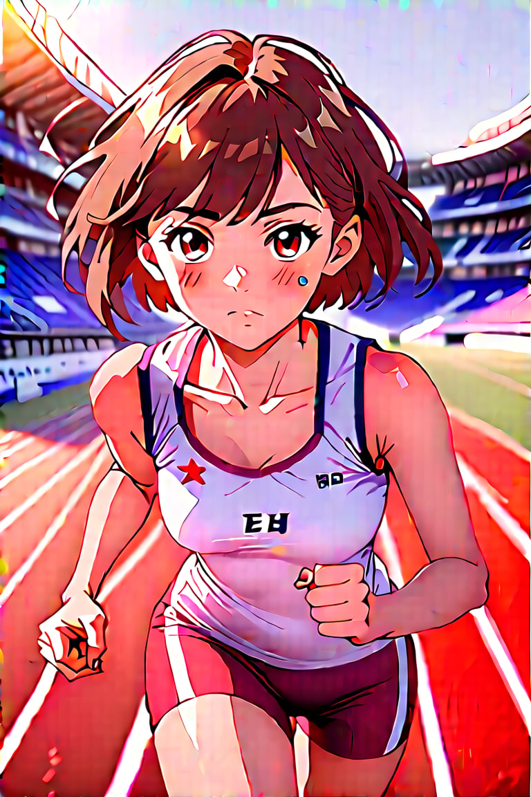 A girl (brown eyes, brown hair, short hair, athletic clothes), looking at viewer, running, she is running on an athletic track, France 2024 Olympics///detailed image, detailed skin, blush, realistic eyes, masterpiece quality, light particles, attractive image.,anime style,flat style,Anime style