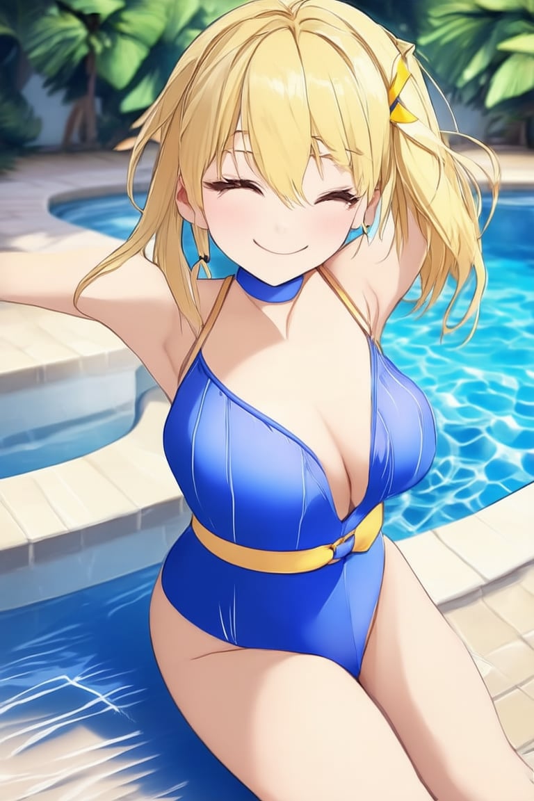 anime style,anime girl,
1girl, very beautiful girl, smiling, swimsuit, closed mouth, stunning image, smile, looking at viewer, cute pose, blonde hair, pool in background, ribbon, masterpiece quality