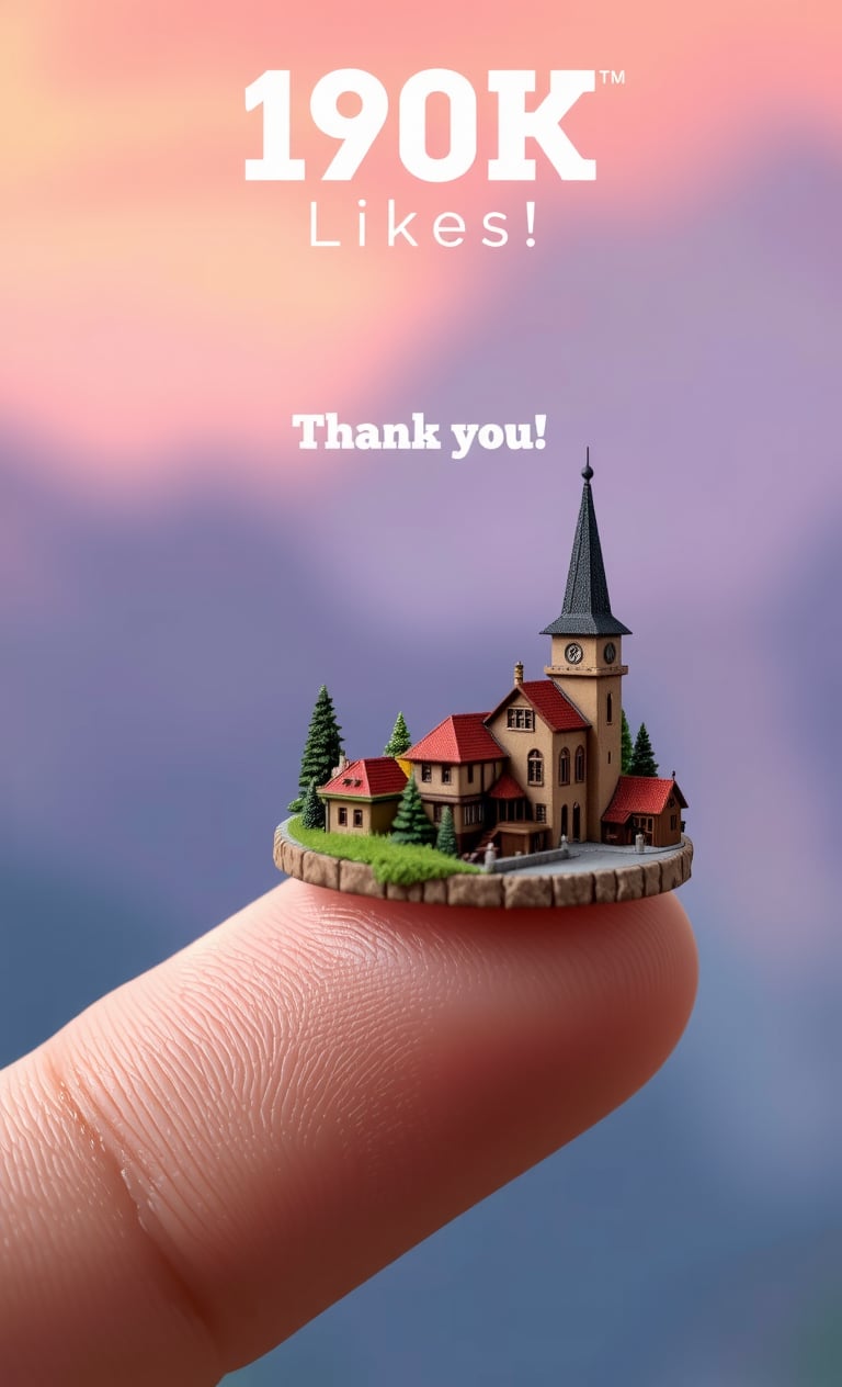 Create a hyper-realistic image of a miniature fantasy village standing on a human finger, suitable for high-end promotion. The village should be intricately detailed, with an emphasis on accuracy and realism. The style should be reminiscent of high-end architectural or product photography, with precise lighting and textures. The image should feature the logo "190K Likes! Thank you!" and contain no other imperfections. The miniature village and logo should be the main focus of the image, with the human finger acting as a subtle yet effective prop to highlight the scale and detail of the village. The overall mood of the image should be one of wonder and curiosity, inviting the viewer to explore the intricate details of the miniature world.