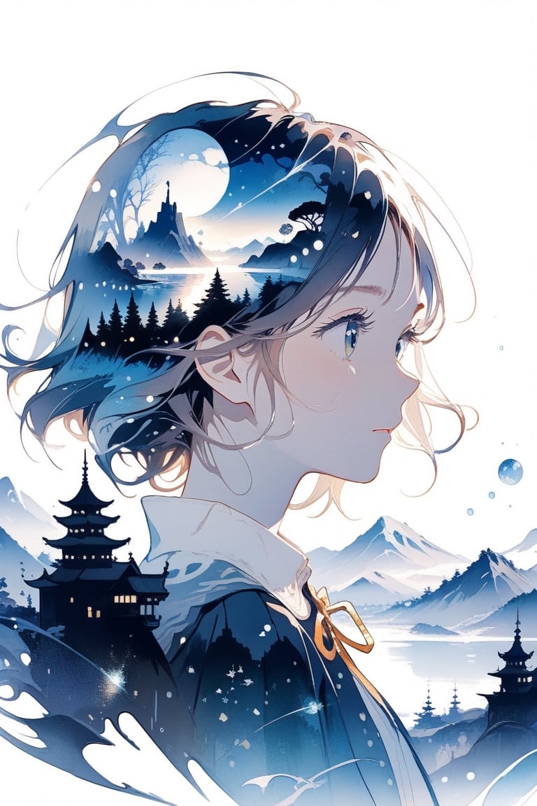 Silhouette of a girl filled with scenery from a world full of magic, fantastic scenery from another world, close-up, double exposure, white background, magic 
