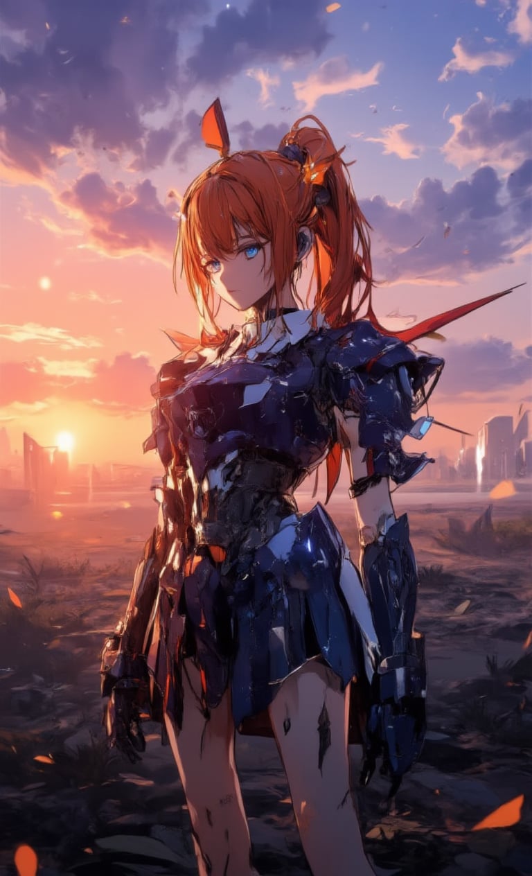 High-angle shot of a stunning mecha girl standing on a ravaged battlefield at sunset. She wears a sleek, orange-haired ponytail and piercing blue eyes, her closed mouth exuding determination. The surrounding sky is ablaze with vibrant hues as light particles dance through the air, refracting off water droplets suspended in mid-air. Her mecha armor glistens, reflecting the fiery sky's intensity. Full-body shot captures her striking figure, a true masterpiece in 8K resolution.,acryli painting