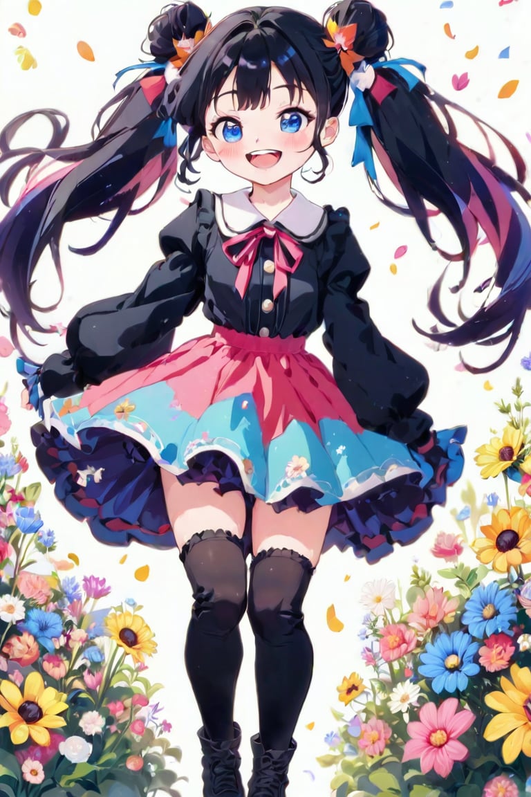 masterpiece, best quality, aesthetic, ((shot from below :1.4)), one girl, solo, looking at viewer, blushing, smiling, twintails, open mouth, bangs, blue eyes, skirt, simple background, black hair, hair accessory, long sleeves, full body, flowers, :d, multicolored hair, boots, frills, kimono, kimono-style dress, hair accessory, wide sleeves, kimono, black footwear, obi, floral pattern, red flowers, cross-laced footwear, high-heeled boots, colored inner hair,Anime style,anime,vspop,kawaii,1girl