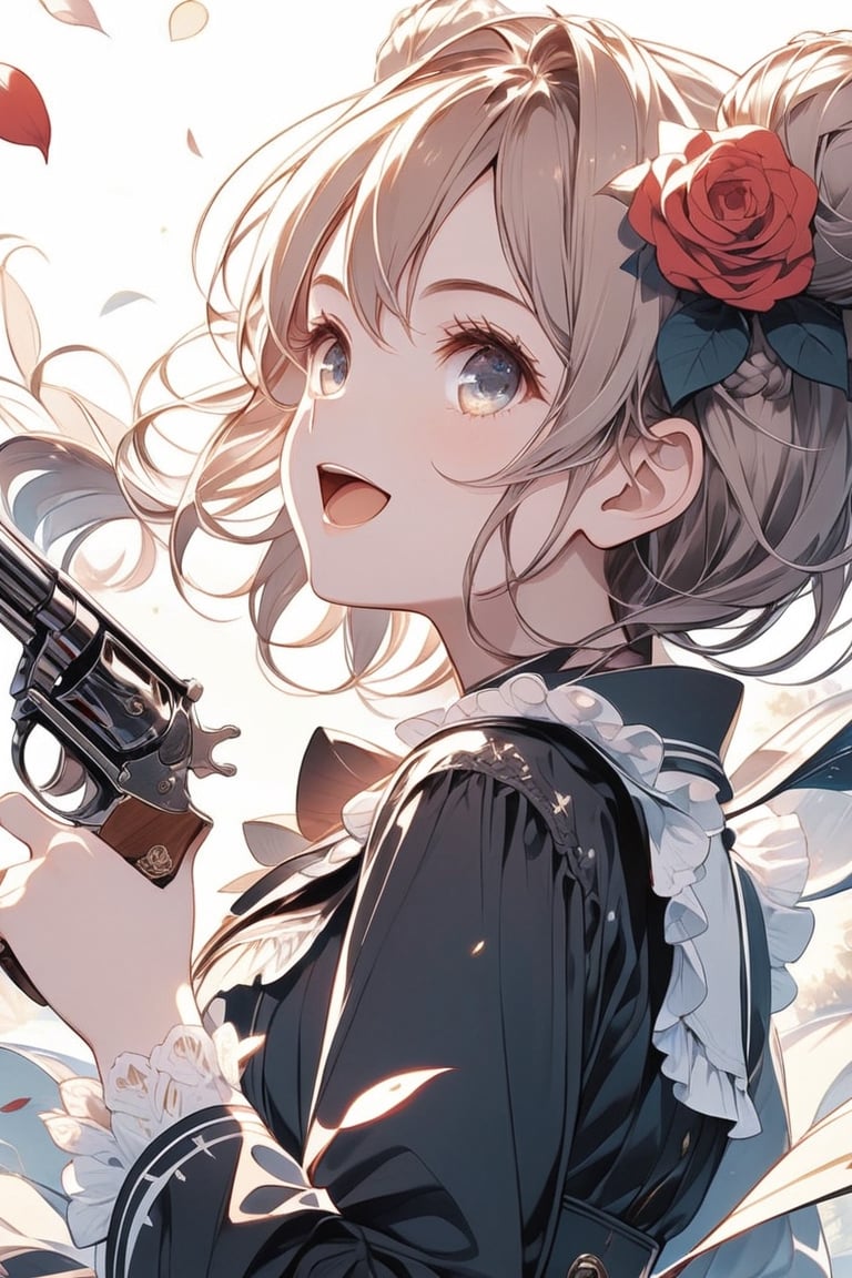 Masterpiece, beautiful details, perfect focus, uniform 8K wallpaper, high resolution, exquisite texture in every detail, girl with two pistols. She wields two weapons, a black revolver. Her beautiful eyes, clear eyes, smile, brown hair, happy open mouth, hair braided in a bun, highly detailed and high quality illustration. Simple background. White background. Ruffles, black dress, petals, roses, ruffle dress, cross, red flowers, lolita fashion, red roses, gothic lolita. Upper body, top quality, aesthetic, dual wielding
