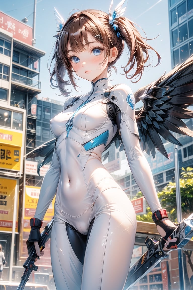 1girl, solo, long hair, breasts, looking at viewer, blush, bangs, blue eyes, brown hair, black hair, hair ornament, holding, twintails, medium breasts, closed mouth, standing, weapon, small breasts, outdoors, wings, holding weapon, bodysuit, covered navel, building, skin tight, city, white bodysuit, mechanical wings,one girl