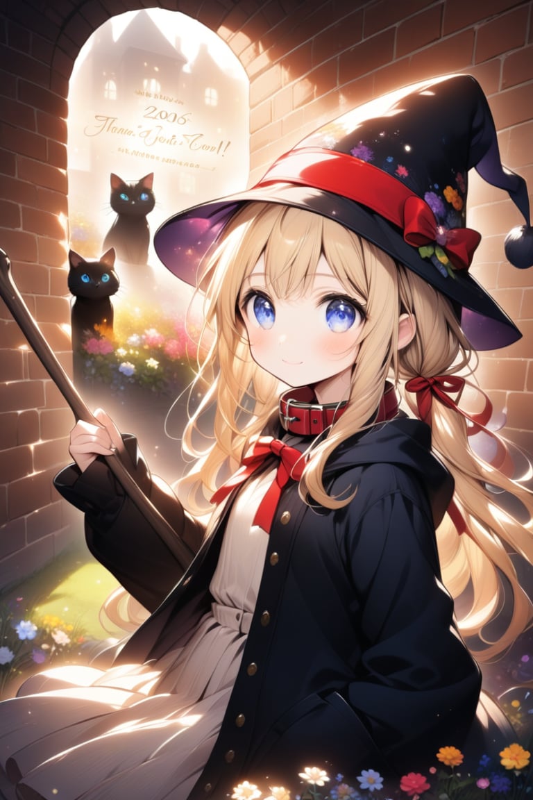 A cute cartoon-style witch with blonde hair and blue eyes, showing a confident expression. She wears a black hat with a red ribbon, holds a broom in her right hand, and rests her left hand on the broomstick. His right hand is in his pocket, and a black cat with a red collar is sitting next to him. In the background, colorful flowers are blooming in front of an old brick wall, and the words "200K!! Thank you for the likes!" appear surrounded by warm light. This scene invites the viewer into a magical world. Detail,ink paint