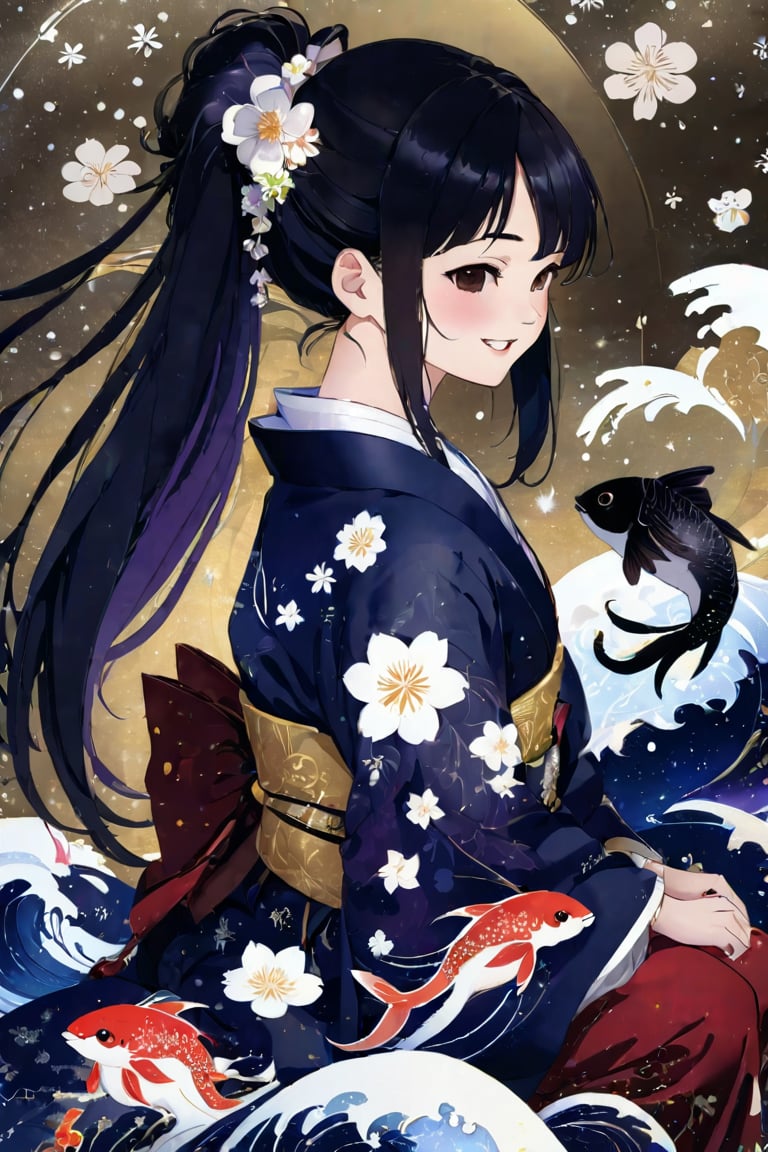 One girl, simple background, gold folding screen-style background, Japanese style, solo, smiling, blushing, long hair, hair ornament, long sleeves, sitting, brown eyes, flowers, black hair, Japanese clothes, hair ornament, wide sleeves, kimono, from the side, profile, animals, floral pattern, ponytail, white flowers, chrysanthemum flowers, fish, goldfish, black kimono,Anime style,kawaii,1girl,vspop,anime