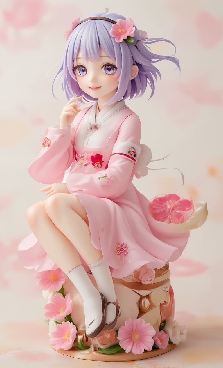 Real photo, stunning image, sharp image, masterpiece, cute anime style girl realistic figure, full body, random hairstyle, random hair color, smile, detailed in every detail, created by Takumi's technique, random clothes , flowers, made of resin, on a pedestal, decorated pedestal, simple background, sitting, gradient paper background, random pose,Japanese pattern,Enhanced all