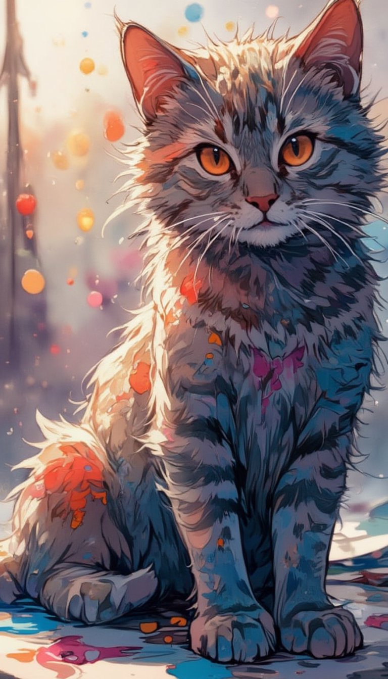 A mesmerizing digital artwork featuring a cat's piercing gaze, as if directly addressing the viewer. The feline sits in a whirlwind of colorful ink brushstrokes, with ink bubbles and droplets surrounding its face. The composition is tight, with the cat's features filling the frame. Soft focus background allows the vibrant inks to take center stage. Masterpiece quality assured.,watercolor style