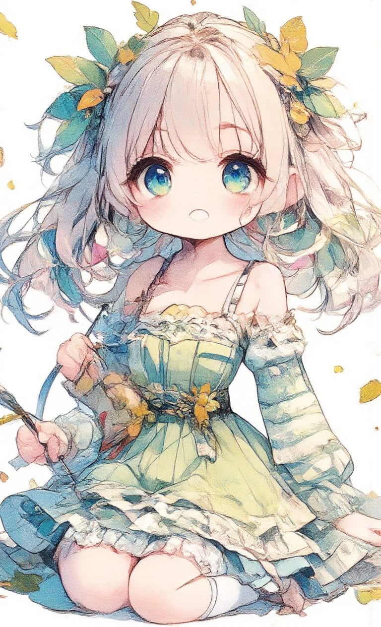 one girl, solo, long hair, looking at viewer, smiling, happy, mouth open, bangs, simple background, long sleeves, white background, dress, holding in hand, pigtails, blue eyes, sitting, full body, white hair, multicolored hair, sleeves removed, green hair, green gradient leaf frill, dress, :o, striped hair, gradient hair, leaves, white footwear, wand with leaf tip, leaf hair accessory,acryli painting,Anime style,ct-animepopstyle,colored pencil drawing,Chibi-chan