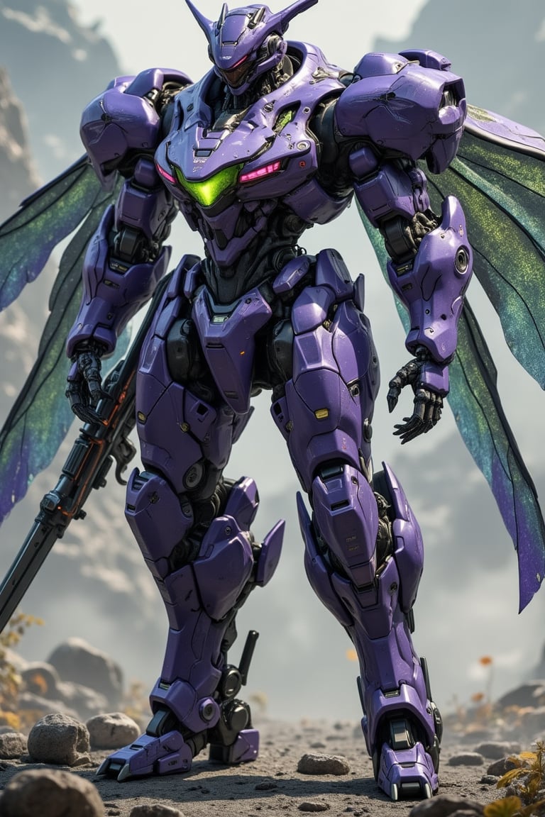 A futuristic warrior robot, forged from the armor of an extraterrestrial behemoth, stands majestically amidst a mystical backdrop. Mainly purple and adorned with translucent green chest armor, its flowing curves evoke organic design. Twin pink sensors glow on either side of its head, where a single plate-like antenna extends from the back, splitting into two at the tip. Two claws adorn its sleeves, while a hero's sword hangs at the ready in its hand. Its legs seamlessly integrate with a hovering base, giving the illusion of weightlessness. Iridescent insect-like wings stretch from its back, punctuated by three sharp claws on its feet, exuding strength. Soft, ethereal lighting highlights the robot's complex textures and armored beast elements against a misty, otherworldly landscape.Detailed 3D rendering