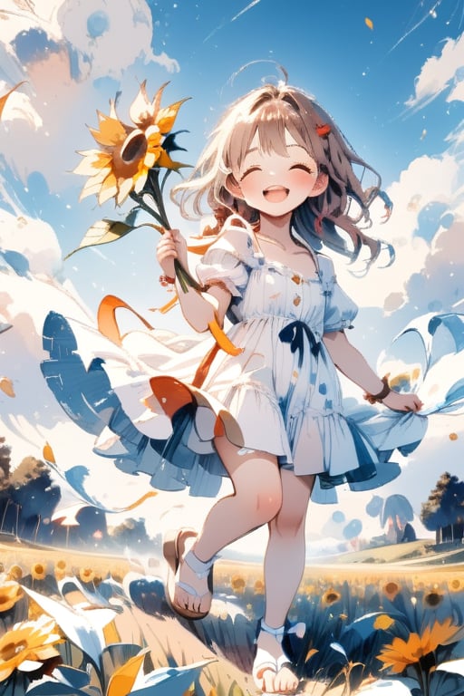 masterpiece, top quality, aesthetic, (watercolor style: 1.4), one girl, solo, long hair, looking at viewer, blushing, smiling, happy, open mouth, brown hair, dress, holding in hand, standing, pink hair, braids, flower, short sleeves, outdoor, one eye closed, sky, teeth, daytime, puffy sleeves, clouds, white dress, twin braids, blue sky, puffy short sleeves, petals, sandals, standing on one leg, ;d, sunflower, holding bunch of flowers, field,Deformed