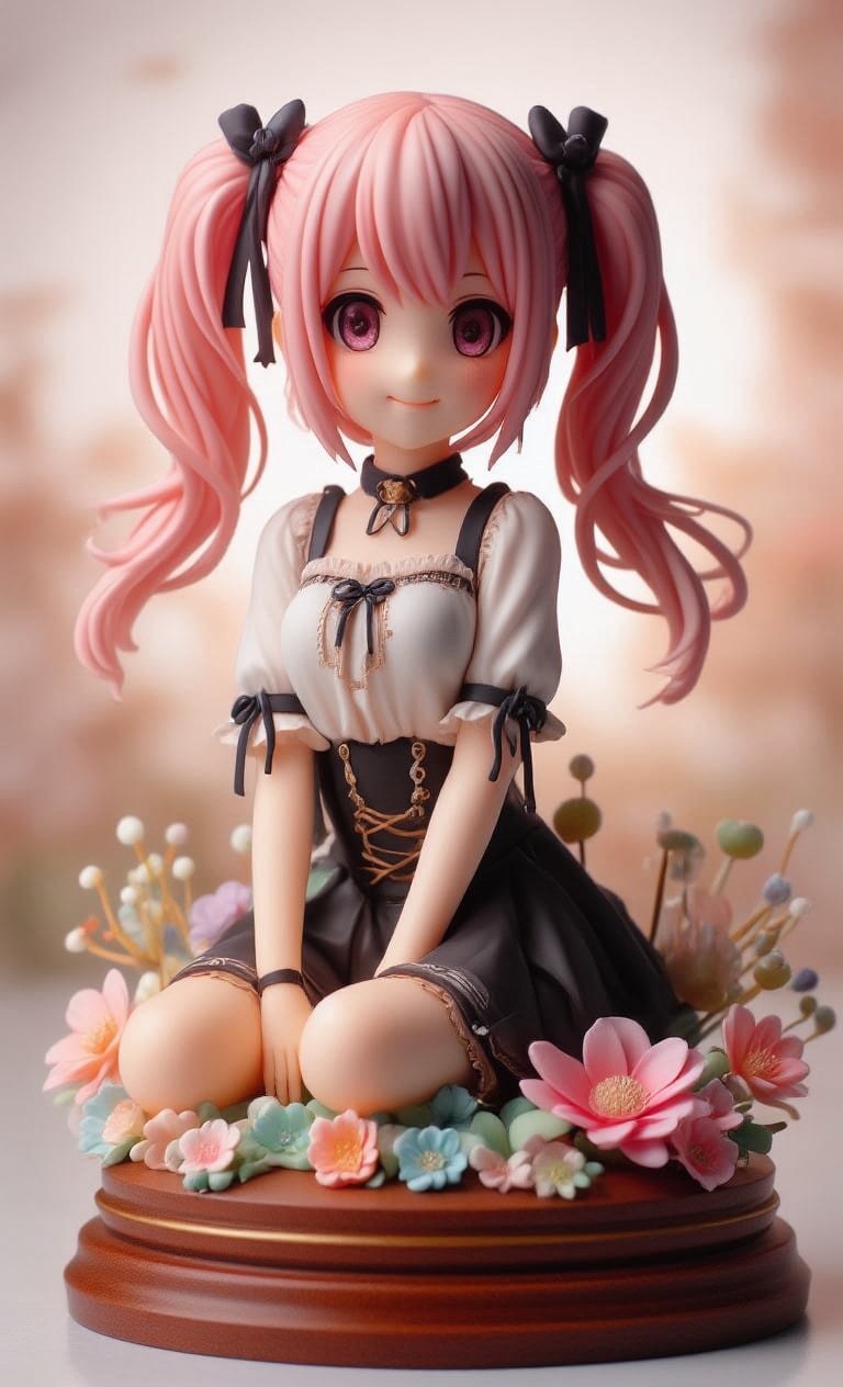 This beautiful resin model depicts a smiling anime-style girl sitting on a circular wooden pedestal decorated with colorful flowers. Her long, shiny pink hair is tied in twin tails and adorned with ribbons. She wears a gothic lolita-inspired dress in a black and white color scheme that hugs her curves and exudes cuteness. The softly lit, blurred background really makes the character stand out. ,3D rendering of the figure,create figure 2