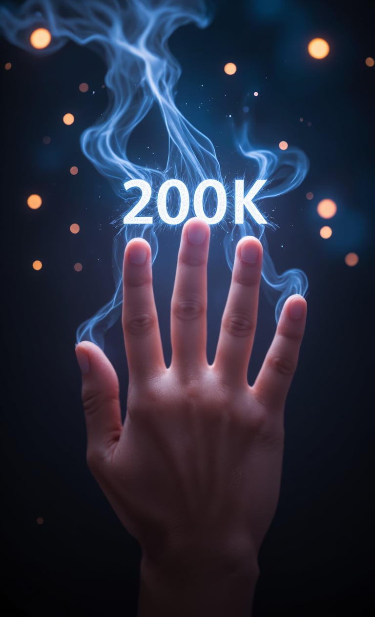 In the actual photo, the words "200K likes! Thank you for all the likes!" are emitted from the fingertips along with a beautiful, mystical light, creating a mystical scene. The camera is focused only on the fingertips.,Surreal art