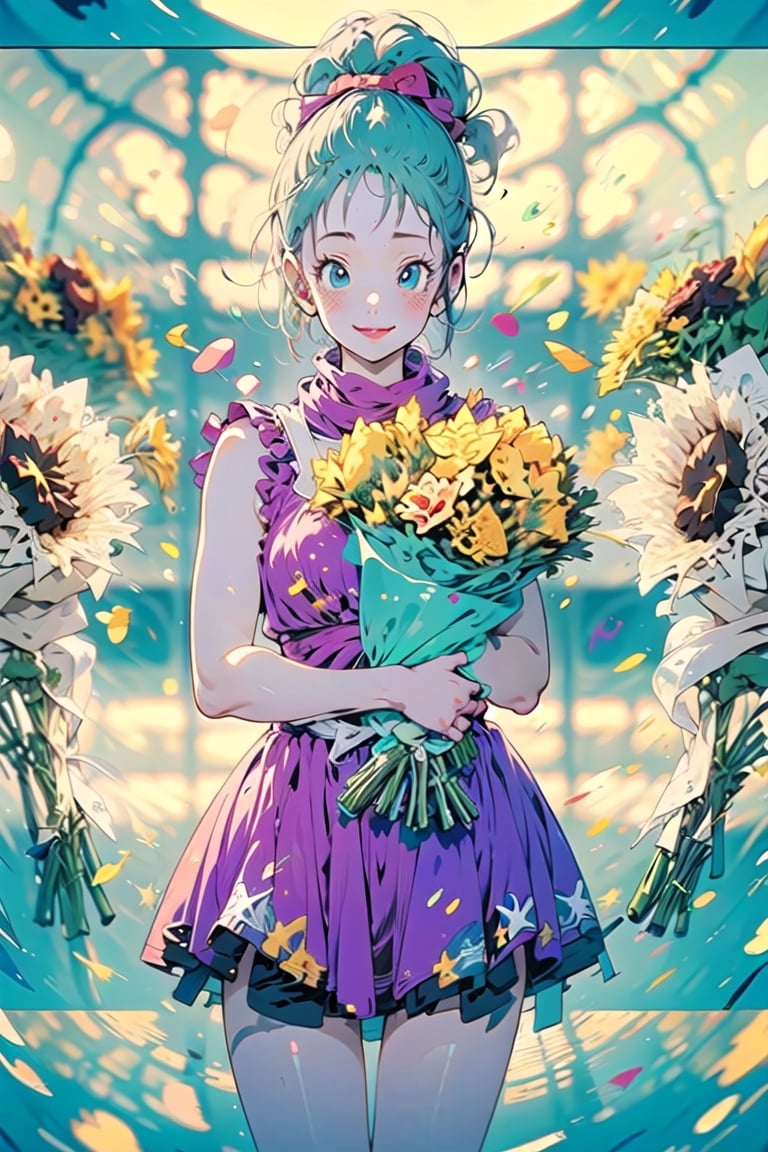 Bulma \(Dragon Ball\), light blue hair, blue eyes, smile, ((cowboy shot:1.5)),((blur background: 2)),((holding a bouquet: 1.5)),
style:
belt, solo, gloves, dress, bow, ribbon, aqua hair, hair ribbon, braid, hair bow, scarf, tree, single braid, clothing writing, brown gloves, single glove, braided ponytail, pink dress, purple scarf, character name, socks, boots
pastel, perfect light,