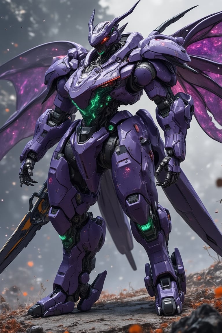 reality photo,3D figures,A futuristic warrior robot, forged from the armor of an extraterrestrial behemoth, stands majestically amidst a mystical backdrop. Mainly purple and adorned with translucent green chest armor, its flowing curves evoke organic design. Twin pink sensors glow on either side of its head, where a single plate-like antenna extends from the back, splitting into two at the tip. Two claws adorn its sleeves, while a hero's sword hangs at the ready in its hand. Its legs seamlessly integrate with a hovering base, giving the illusion of weightlessness. Iridescent insect-like wings stretch from its back, punctuated by three sharp claws on its feet, exuding strength. Soft, ethereal lighting highlights the robot's complex textures and armored beast elements against a misty, otherworldly landscape.Detailed 3D rendering,real robot,