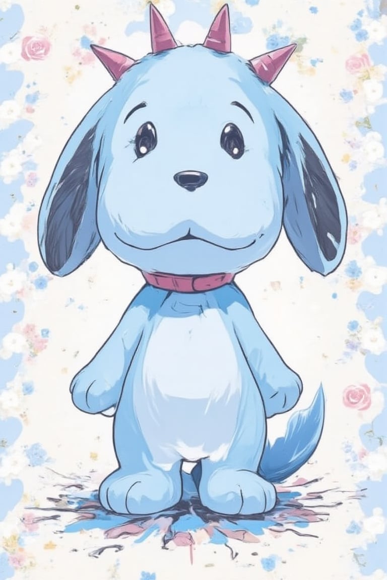 Simple background, Japanese pattern background,Snoopy-like stuffed dog, light blue body. Blue limbs, blue tail, collar, red collar with spikes, no human, anime "Kobato", Ioryogi,acryli painting