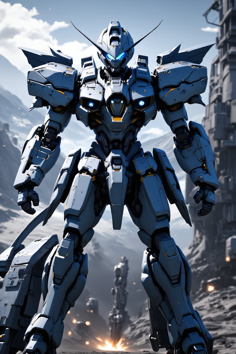 masterpiece, solo, space battleship catapult deck background, giant robot, full body, mecha, mecha with blue and white color scheme, looking at the viewer, front view, glowing eyes, twin eyes, very cool and epic, armor, no human, robot, mechanical wings, mecha, sci-fi, catapult launch scene, motion blur, amazing image, epic texture, materlic texture, detailed 3d rendering, helmet, digital art, professional style, detailed image, detailed robot, full body,--3:4,real robot,epic mecha