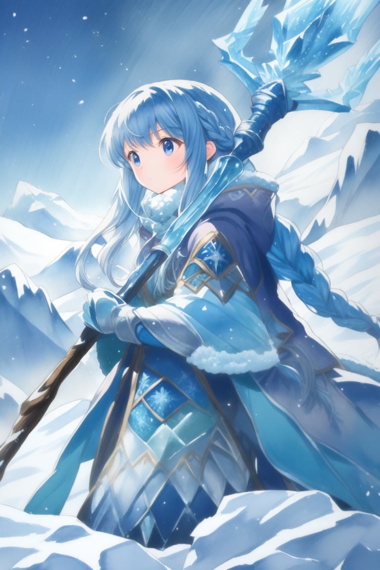 A scene where a girl adventurer who uses ice magic confronts an enemy on the top of a snow-covered mountain. She wears thick armor, made of special material for cold regions, with warm fur on the inside. The armor is two-tone white and blue, and is embroidered with ice crystal patterns. Her hairstyle is long and braided, and her hair color is icy white. In her hand is a staff used to use ice magic, and ice crystals shine at the tip of the staff. Snow scatters around you, and you can see the effect of freezing enemy monsters. Her camera angle is from the side, emphasizing her determined expression and fighting stance.,acryli painting,Anime style,watercolor \(medium\),Detail