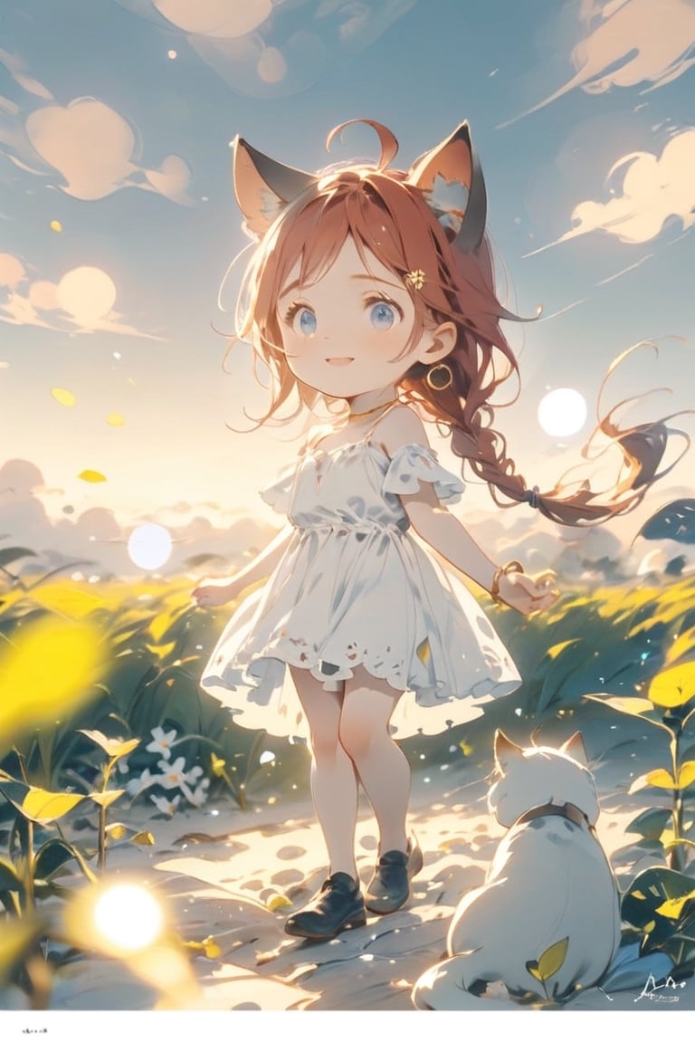 Masterpiece, highest quality, aesthetic, traditional media,
\\character
        1 Girl, solo, looking at camera, blue eyes, clear eyes, smile, happiness, open mouth, (fluffy cat ears: 1.1), cheeks, ahoge, brown hair, single braid, (red inner hair: 1.3) , (straight) ) ) bangs: 1.5), ((big red ribbon: 1.5)), (crescent hair ornament: 1.3), mid-chest, cleavage, crystal earrings,
break
hair ornament, dress, animal ears, bare shoulders, jewelry, medium breasts, closed mouth, standing, flowers, short sleeves, outdoors, sky, clouds, flowers in hair, white dress, blurred, bracelet, from the side, animal ear fluff, floating hair, white flower, red flower, sunset, field