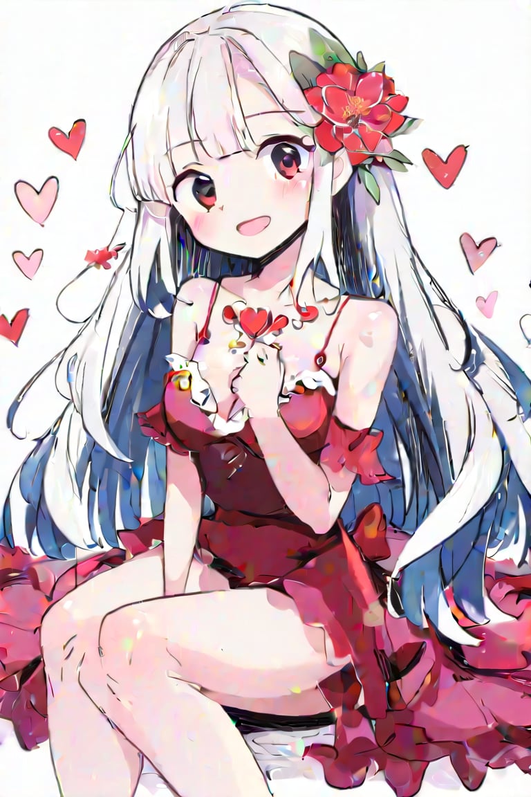 1 girl, solo, long hair, breasts, looking at viewer, blushing, bangs, skirt, hair accessory, long sleeves, white background, dress, cleavage, bare shoulders, jewelry, medium breasts, sitting, very long hair, smiling, mouth closed, collarbone, flowers, white hair, hearts, multicolored hair, earrings, ruffles, sleeves off, socks, puffy sleeves, hands up, flower in hair, pink eyes, collar, thigh straps, chain, pink flower, between legs, puffy long sleeves, white sleeves, hands between legs, ((masterpiece: 2.0)), ((stunning image: 1.5)),kawaii