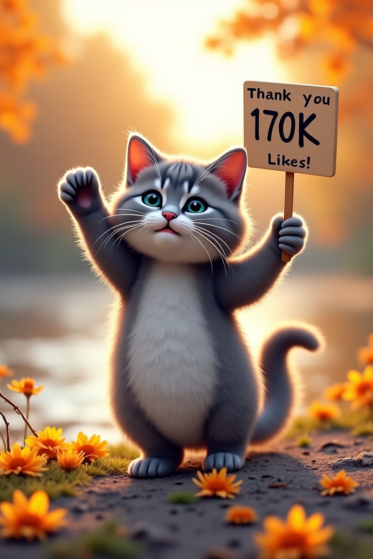 A realistic photo of a cute cat playing on the riverbank, a real-life gray American shorthair is holding up a placard in one hand. The placard reads "Thank you for 170K likes!" Autumn flowers are blooming all around, giving a feeling of autumn.