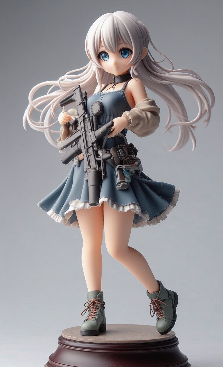 Masterpiece,Realistic Photo,3D Figure,Resin,Plastic Model,Mecha Girl,Professional,Top Quality,High Resolution,High Definition,Perfect Detail,Perfect Limbs,Soft Lighting n Score_9,score_8_up,score_7_up,A vibrant anime-style lone girl stands proudly on a pedestal, smiling on one knee, her long white hair flowing behind her. Her blue eyes peer intently at an assault rifle. Its sleek design and robotic-like joints are a testament to her physiology as an android. A dress-like bodysuit encases her lithe body, and her belt is adorned with pouches containing various gadgets and ammunition. She holds her rifle tight, poised with scope and suppressor. Her full-body armor glints in the light, showing her ready to fight in this sci-fi world of robots and androids. Movie special effects grade style.,create figure