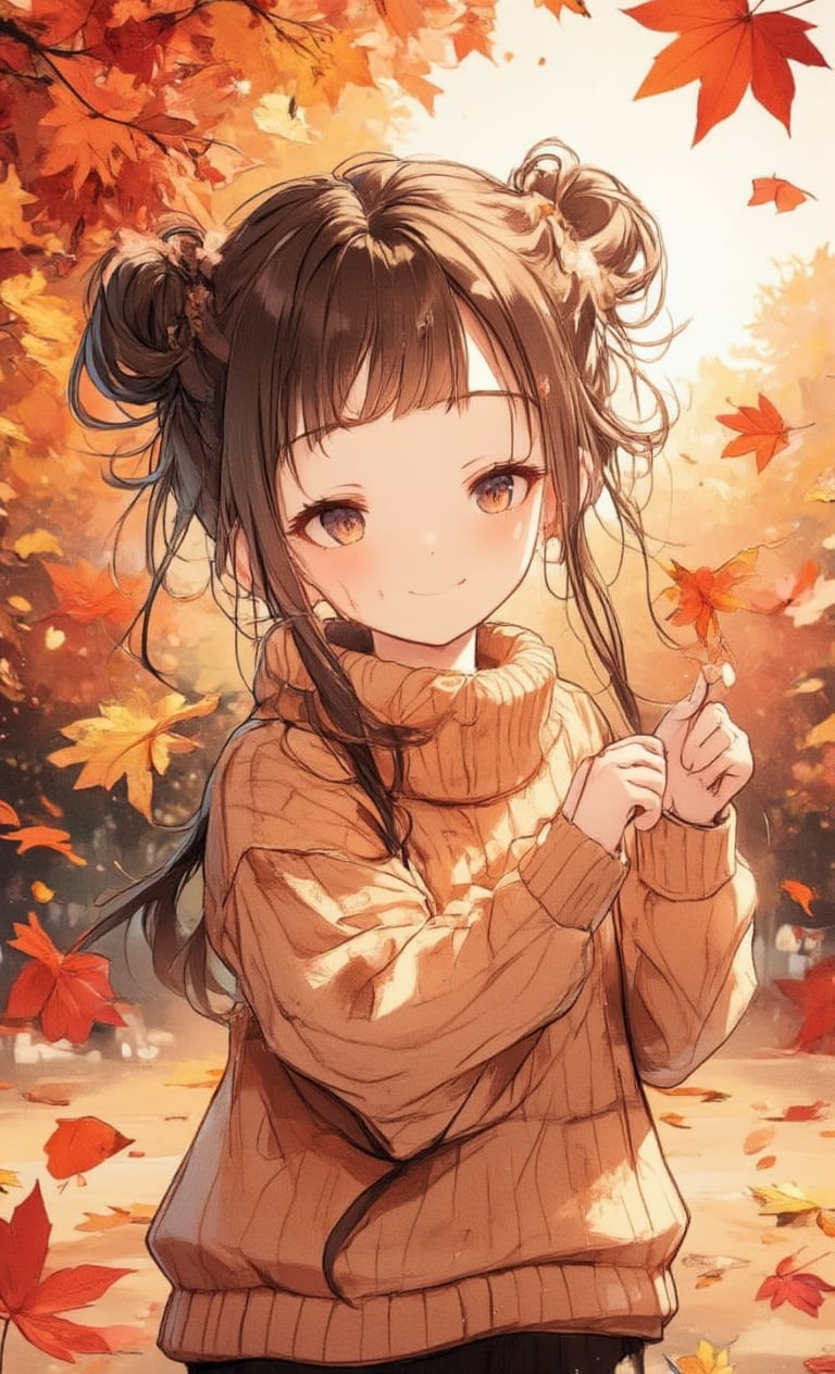 A scene in which a girl is picking up leaves in an autumn park. She is wearing a warm sweater and has her hair in a bun. It is drawn in a color splash style, with red and orange fallen leaves dancing in the background, and the colorful splash creates an autumn atmosphere. Her face looks happy, and the moment she picks up the leaf is captured. , creating a creative atmosphere. ,Anime style