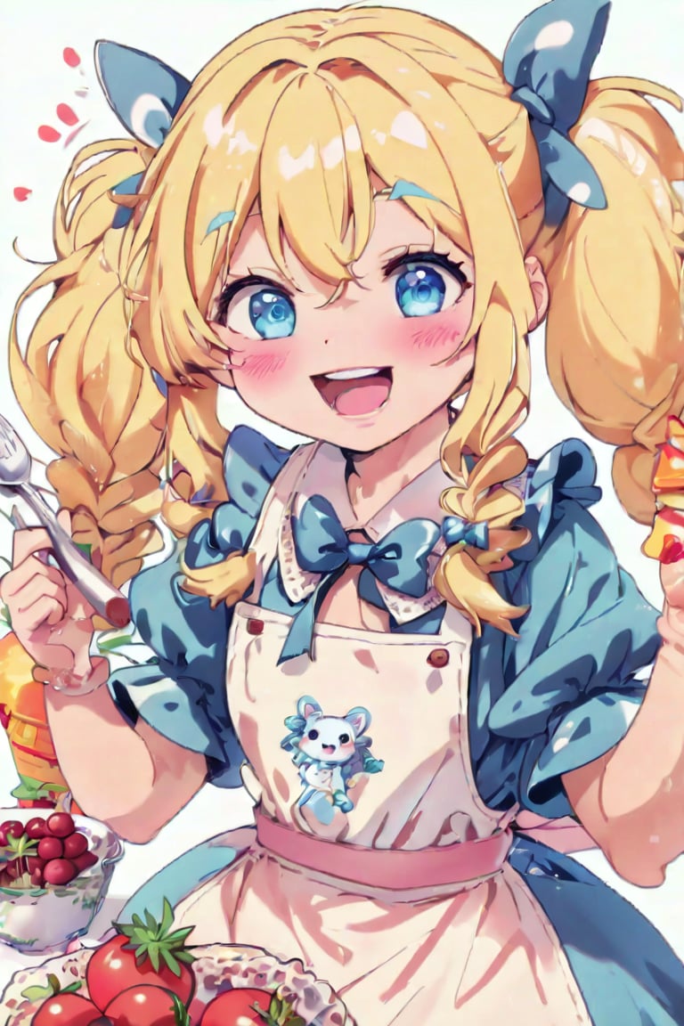 1 girl, solo, long hair, looking at viewer, simple background, blushing, smiling, mouth open, bangs, blue eyes, blonde hair, dress, ribbon, bow, holding, pigtails, blue eyes, hair ribbon, short sleeves, :d, hair ribbon, frills, food, puffy sleeves, apron, arms up, puffy short sleeves, fruit, blue dress, animals, blue ribbon, frilly dress, white apron, plate, cake, frilly apron, mini girl, rabbit, strawberry, giant fork, holding fork, Alice \(Alice in Wonderland\),Anime style,1girl,kawaii,vspop